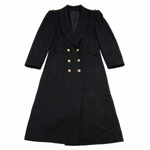 Vintage ADA Double Breasted Wool Blend Long Coat Black Gold Buttons Women's 9/10